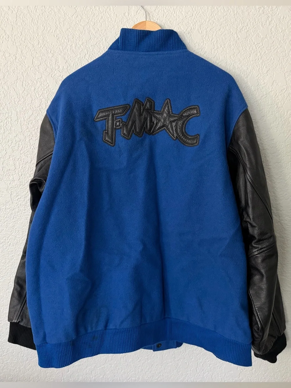 adidas Tracy McGrady T Mac Blue Sz L and Black Varsity Jacket w Leather Sleeves